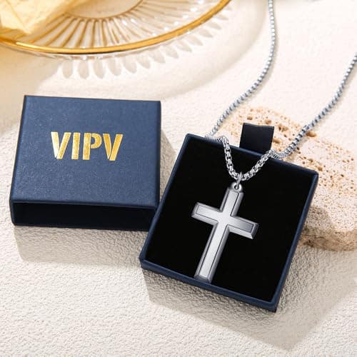 Stainless Steel Beveled Edge Cross Chain Pendant Necklace for Men
