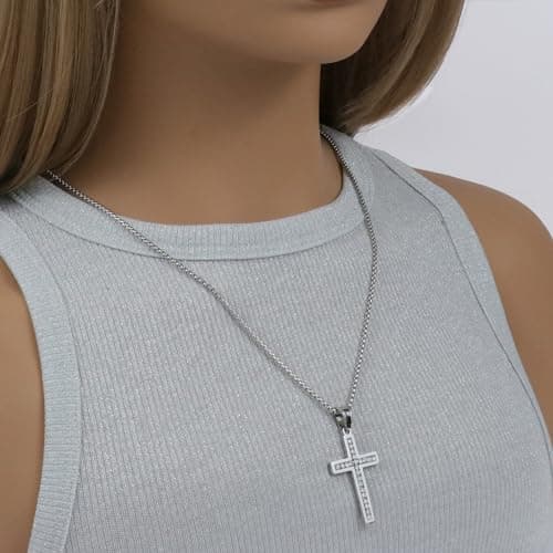 VI-FA Men's Cross Necklace with Pave CZ Pendant & 22-Inch Box Chain