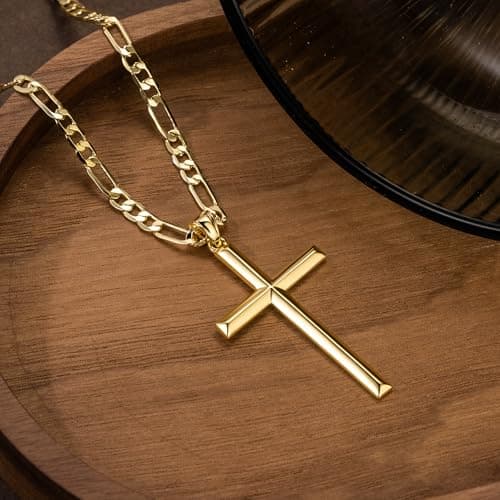 NICRET Gold Cross Necklace - Faithful Figaro Chain for Men