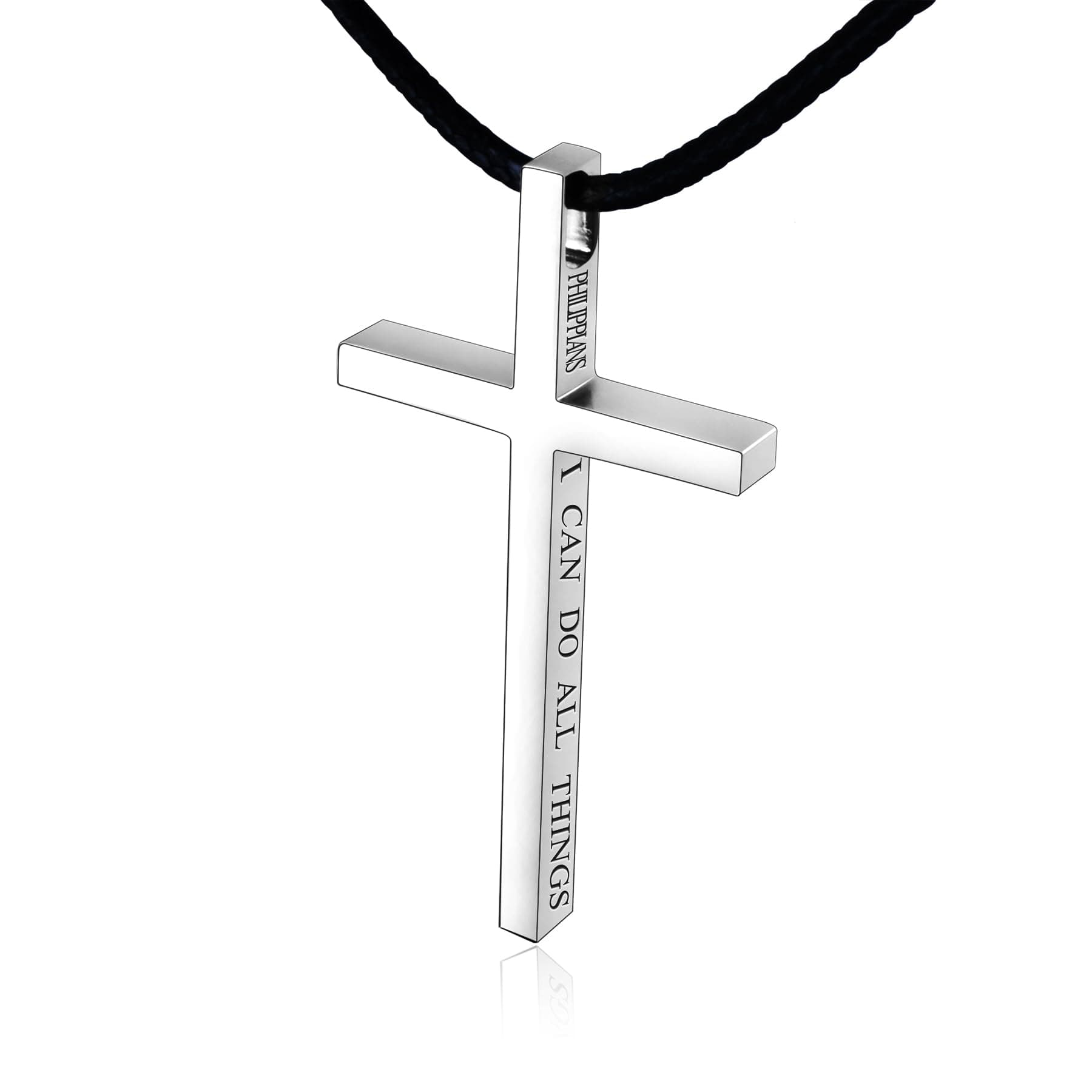 Men's Large Hactnion Leather Cross Necklace, 24-28" Black Rope, 316 Stainless Steel Cross, Bible Verse