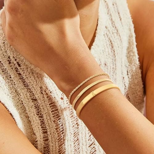 KSF Gold Plated Initial Snake Charm Stackable Bracelet Set for Women