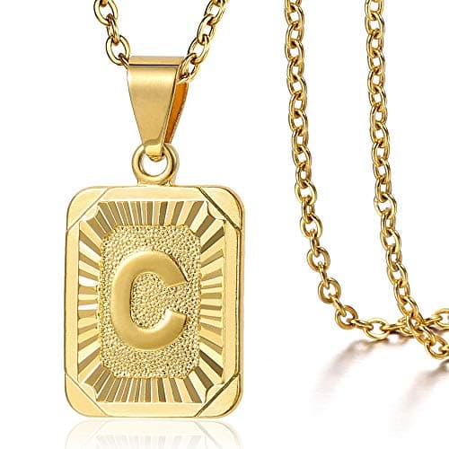 Trendsmax Gold Plated Rectangle Initial Pendant Necklace for Mens and Womens Rolo Chain