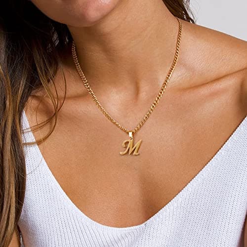 LUXEJEW Stainless Steel Cuban Chain Initial Letter Necklace for All Ages