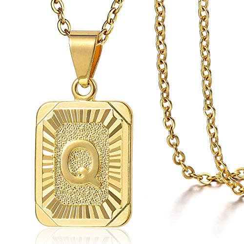 Trendsmax Gold Plated Rectangle Initial Pendant Necklace for Mens and Womens Rolo Chain