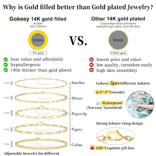 Gokeey 14k Gold Anklet Set for Women - Waterproof Cuban Figaro Chain Jewelry - Adjustable Size - Ideal Gift