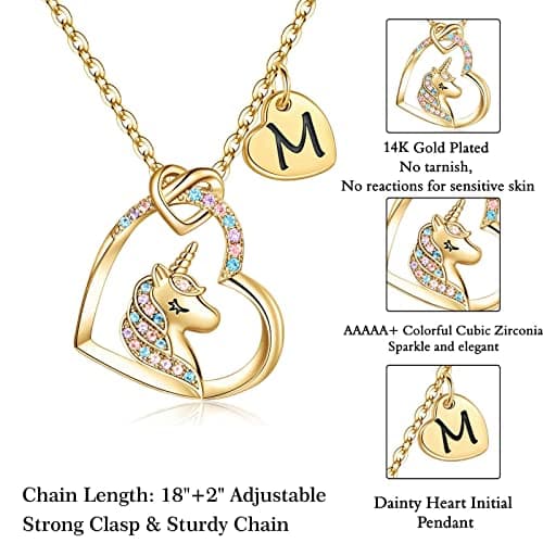 STORUP Heart Initial Unicorn Necklace - Gift for Girls