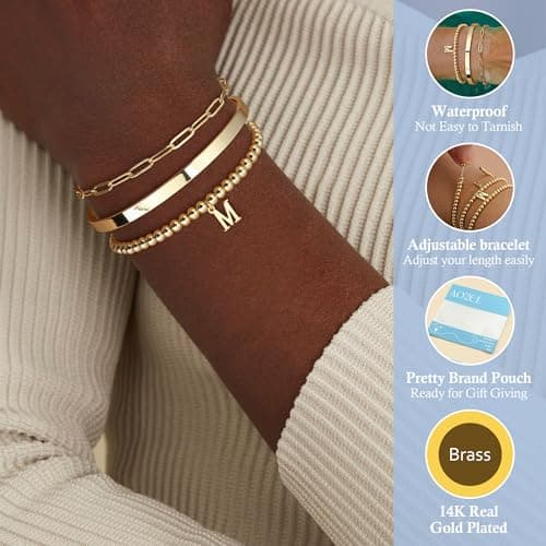 AOZEL Women's 14K Gold Plated A-Z Stackable Beaded Bracelet