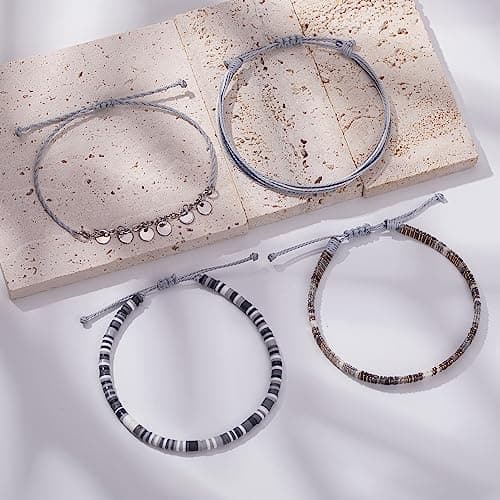 Fancy Shiny Waterproof Boho Anklet Set with Clay Beads & Stainless Steel Coins for Women