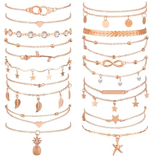 Hicarer 14K 16-Piece Boho Anklet Set for Women Adjustable Foot Hand Jewelry
