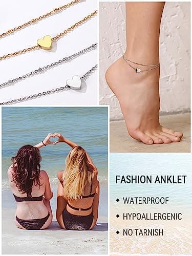 FaithHeart Women's Silver Stainless Steel Anklets(luaan link/beaded/Figaro) Summer Beach Jewelry, Adjustable & Waterproo
