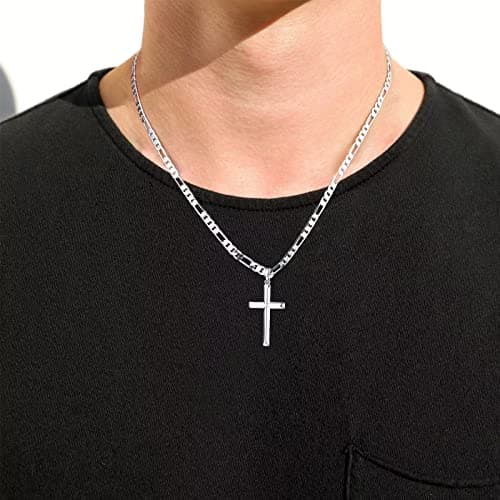 Mens Cross Necklace in Sterling Silver with Gold Plated Chain - 16-24 Inch