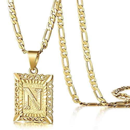 KissYan 14K Gold Plated Square Initial Letter Pendant Necklace A-Z Alphabet Figaro Chain