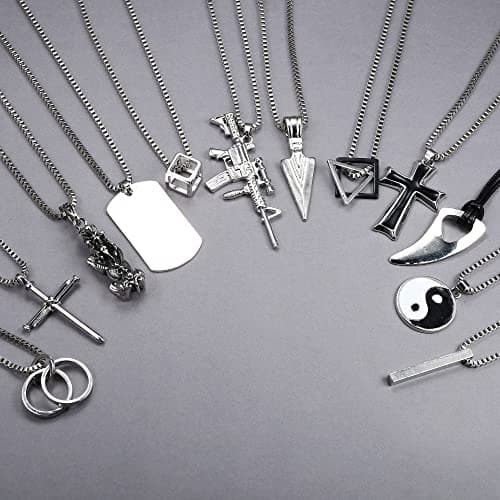 FIASASO Black & Silver Tone Men's Gothic Cross Pendant Necklace Set