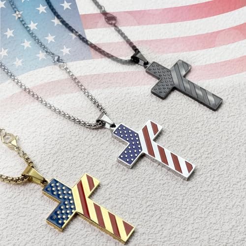 Ironkoi Men's 18+2 Inch Stainless Steel American Flag Cross Necklace with Bible Verse - Christian Gift