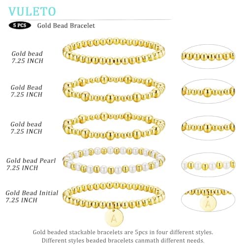 VULETO 18K Gold Plated A-Z Initial Beadedbracelet Set