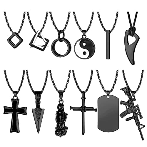 FIASASO Black & Silver Tone Men's Gothic Cross Pendant Necklace Set