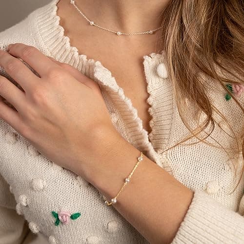 HLJEO 14K Gold Evil Eye Pearl Bracelet for Women