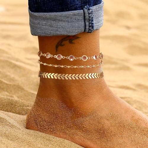 MIDEEO Women's 14K Gold Heart Herringbone Anklets Rhinestone Jewelry Gift