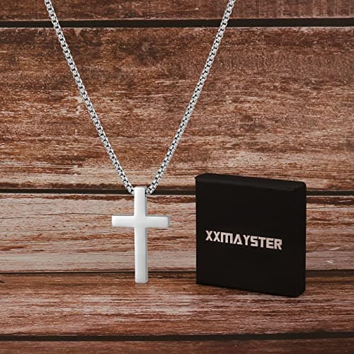 XXMAYSTER Stainless Steel Cross Necklace for Men, Silver/Gold, 18-24 Inch Box Chain