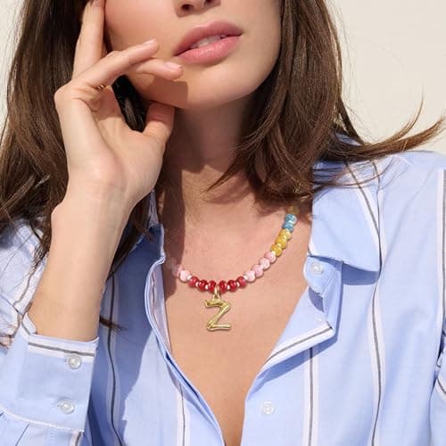 Stylish Handmade Colorful Beaded Choker Necklace with Natural Stone Letter Charm Jewelry for Women