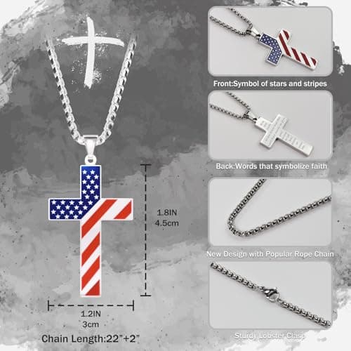 Ironkoi Men's 18+2 Inch Stainless Steel American Flag Cross Necklace with Bible Verse - Christian Gift