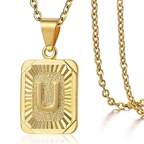 Trendsmax Gold Plated Rectangle Initial Pendant Necklace for Mens and Womens Rolo Chain