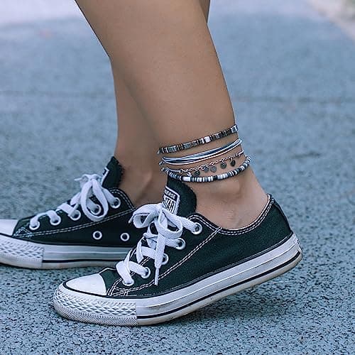 Fancy Shiny Waterproof Boho Anklet Set with Clay Beads & Stainless Steel Coins for Women