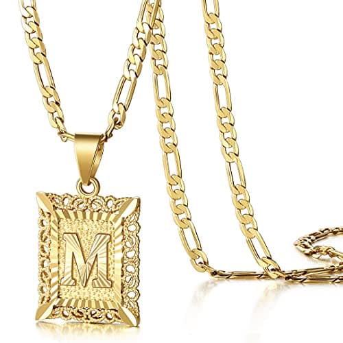KissYan 14K Gold Plated Square Initial Letter Necklace A-Z Alphabets Figaro Chain