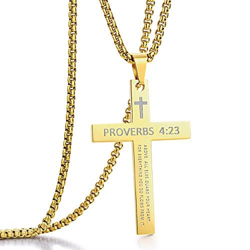 Stainless Steel Cross Pendant Necklaces with Proverbs 4:23 for Men or Women (24 Inch Chain)