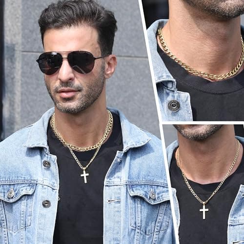 Men's Stainless Steel Layered Cross Pendant Necklace Cuban/Figaro Chains Christmas Jewelry