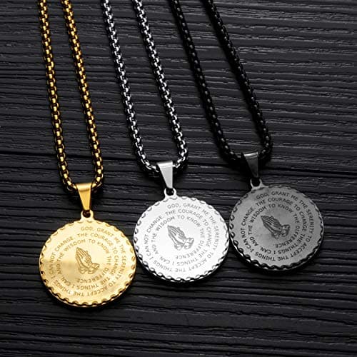 Rehoboth Stainless Steel Coin Medal for Healer's Prayer Hands Cross Pendant Necklace Black Gold Silver