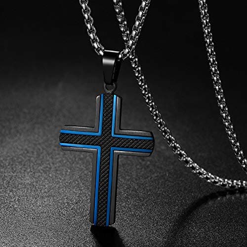 Zillaly Men's Stainless Steel Cross Necklace, Two-Tone Black & Blue Pendant - Gift Box Included