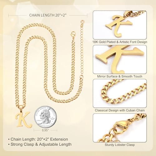 LUXEJEW Stainless Steel Cuban Chain Initial Letter Necklace for All Ages