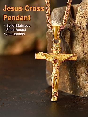 Antique U7 Men's Crucifix Necklace, 18K Gold Tone & Stainless Steel, 22" Chain, Gift Packed