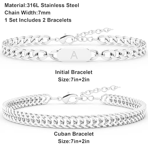 AOSPkle 2PC Initial Letter Cuban Bracelet, A-Z Pendant Stainless Steel Silver Chain for Men and Women