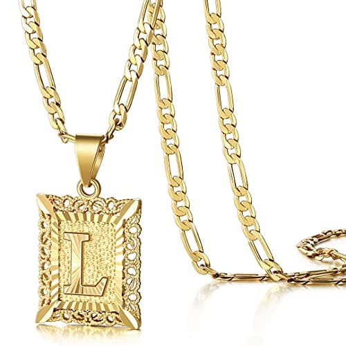 KissYan 14K Gold Plated Square Monogram Necklace A-Z Figaro Chain