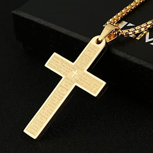 HZMAN Stainless Steel Cross Necklace with Lord's Prayer Pendant, 4 Colors