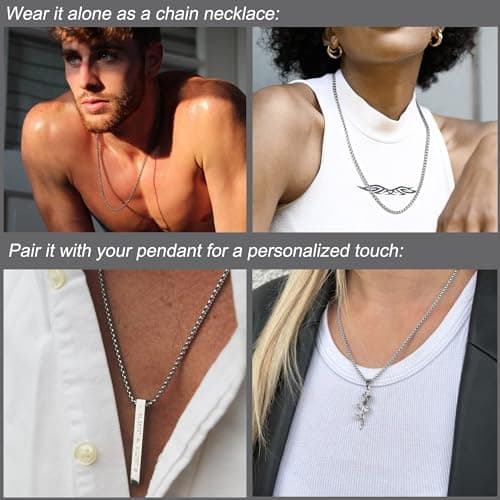 SANNYRA Men's Silver Stainless Steel Chains & Dog Tag Necklaces, 1-7mm Roles, 8-36 inches