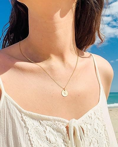 Befettly Bemoly Personalized 14K Gold Plated Letter K Coin Disc Necklace, Engraved Birthday jewelry, 17.5"