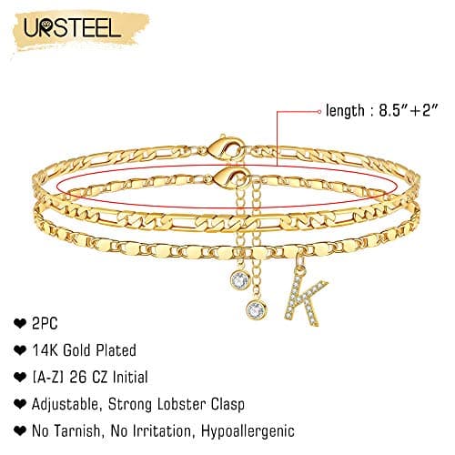Ursteel 14K Gold Plated Initial Anklet Set for Women - Dainty Layered CZ Summer Jewelry Gifts