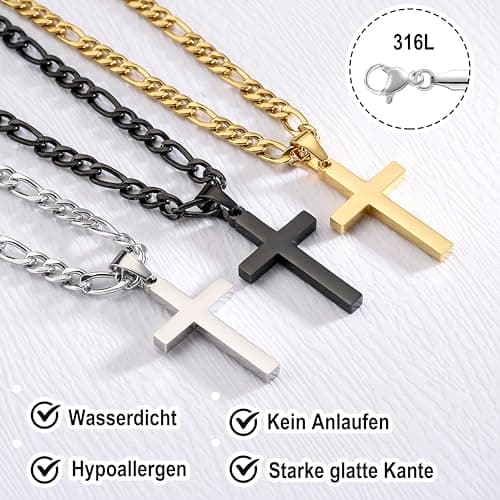 Men's Stainless Steel Layered Cross Pendant Necklace Cuban/Figaro Chains Christmas Jewelry