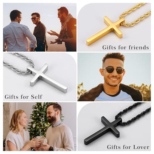 Ailetop Black Silver Gold Cross Necklace, Men's Stainless Steel Rope Chain, 16-24 Inch