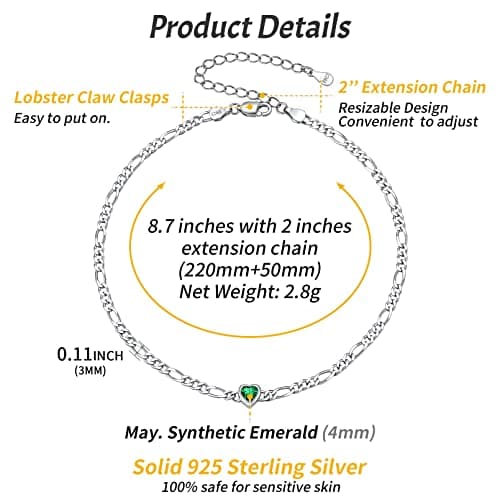 Chic Silver 925 Sterling Heart Birthstone Figaro Anklet for Women (with Gift Box)