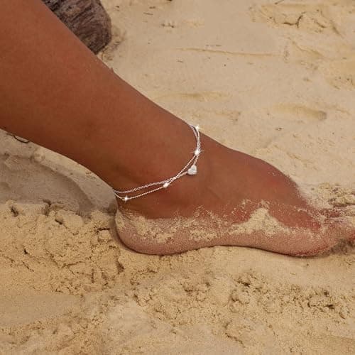 Moodear Silver Anklets for Women - Waterproof Layered Heart Charm Anklet