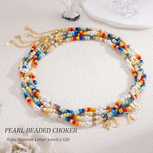 JSJOY Rainbow Beaded Choker with Gold Initial Pendant Boho Jewelry for Women