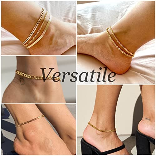 DEARMAY 14K Gold Plated Dainty Ankle Bracelets Set - Waterproof Herringbone Cuban Chain Pack