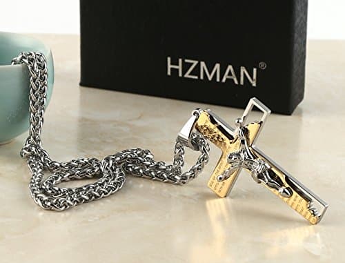 HZMAN Men's Stainless Steel Cross Crucifix Prayer Pendant Necklace 22+2" Chain
