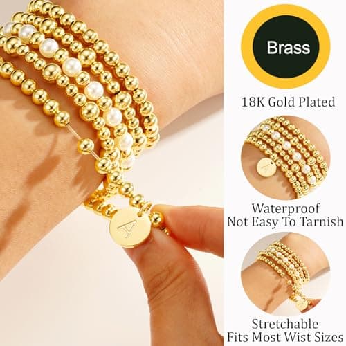 VULETO 18K Gold Plated A-Z Initial Beadedbracelet Set