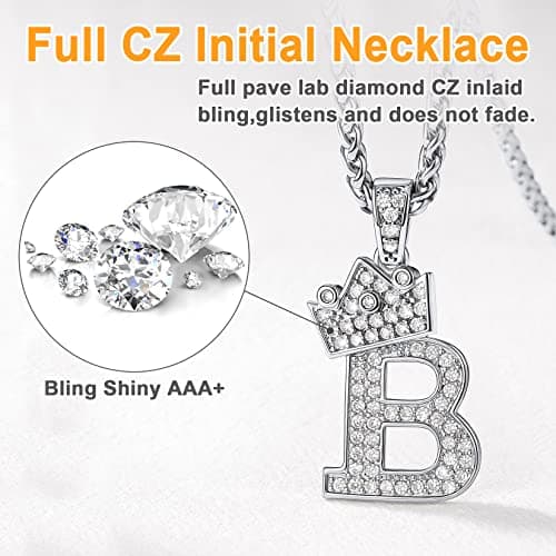 Iced Out U7 Crown Initial Letter Pendant, 22-24 Inch Chain Jewelry, Color Steel, Black, Gold