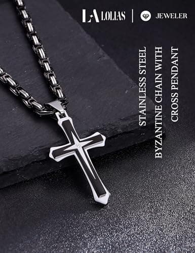 Lolestik Black Gold Cross Necklace for Men, Byzantine Chain, 22-30 Inch